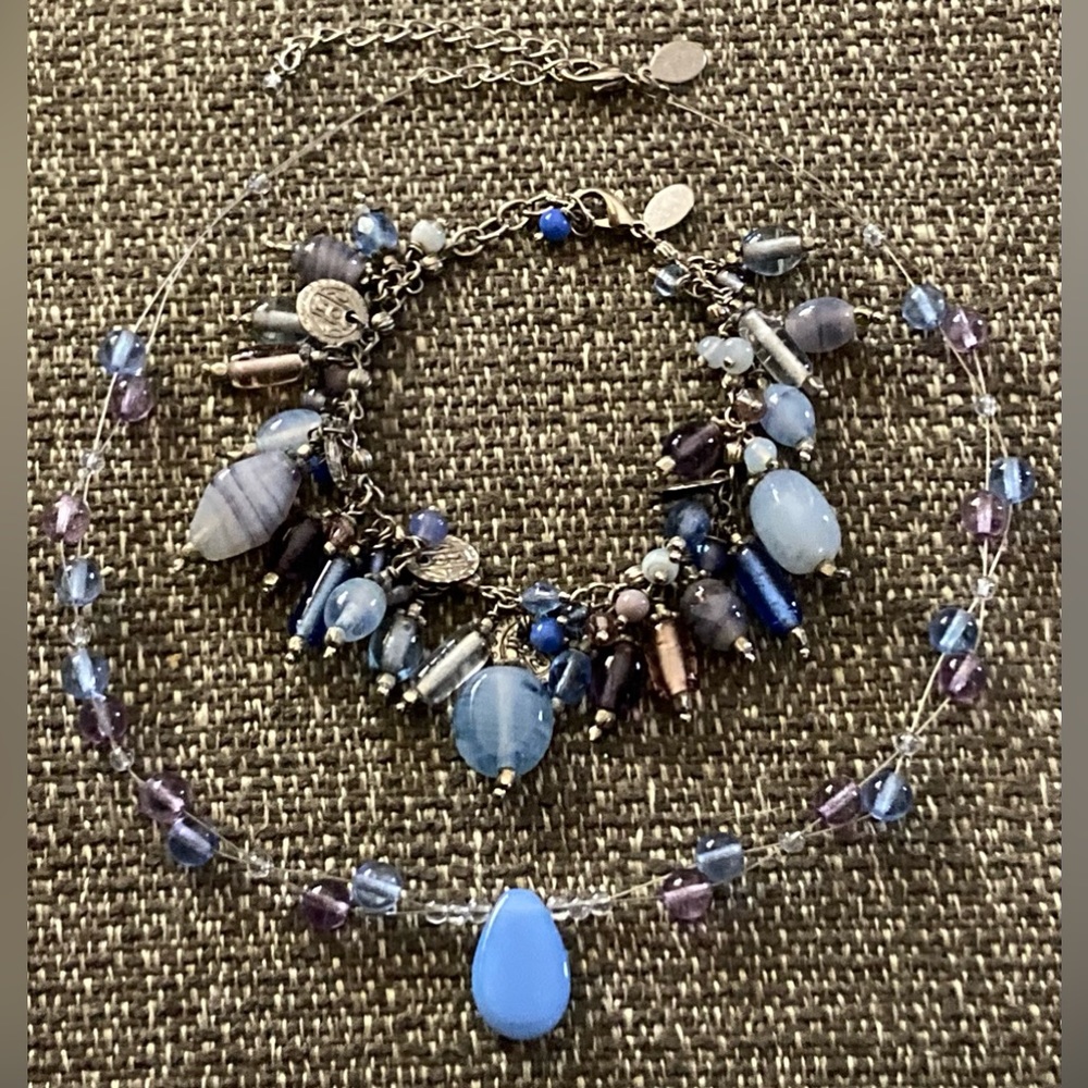 Baked Beads Signed Blue Glass Bracelet & Necklace Set